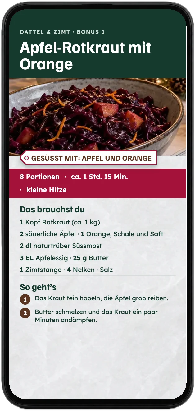 Das Rezept für Apfel-Rotkraut mit Orange aus dem Bonus, auf einem Handy