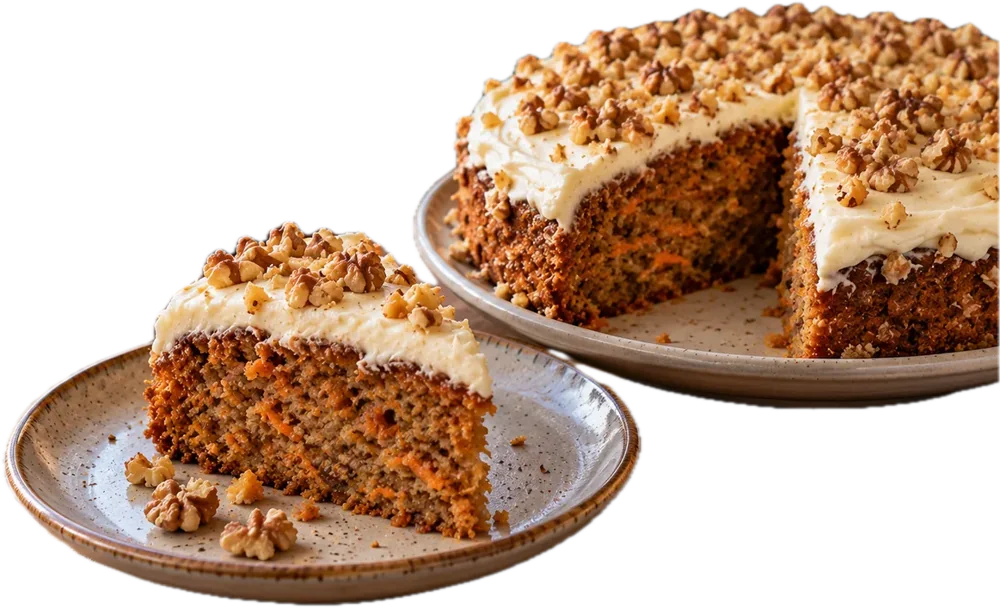 Rüeblitorte mit heller Creme und gehackten Nüssen, ein Stück angeschnitten